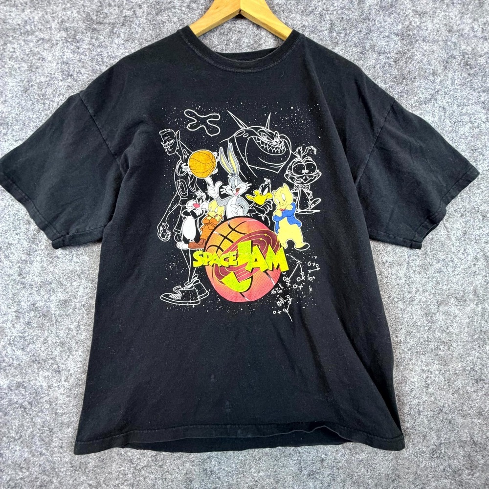 Vintage Space Jam T-Shirt Mens XL Black Cotton Looney Tunes Basketball Cartoon
